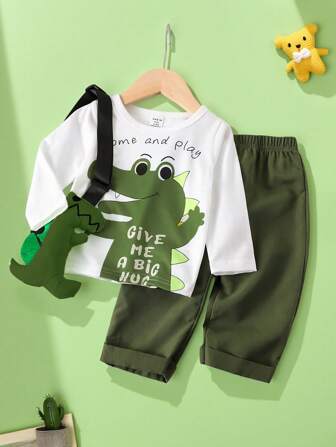 SHEIN Perso Play 男婴可爱卡通鳄鱼印花长袖上衣和裤子两件套，适合所有季节，休闲装（不带包）