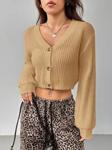 SHEIN PETITE White Lantern Sleeve Button Front Rib Knit Cardigan - Khaki - View 8