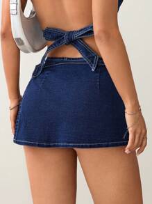 SHEIN PETITE 女式低腰牛仔裤，风琴口袋，蝴蝶结，Y2K 风格音乐节牛仔短裤 - 深色水洗藍 - 查看 4