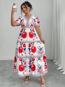 Elenzga Plus Size Women's French Romantic Floral Print Casual Short Sleeve Summer Dress - Multicolor - View 3