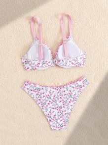 Swim Mod 2 件套新款碎花钢圈荷叶边可爱性感休闲沙滩派对比基尼套装女士春夏