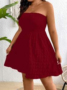 SHEIN Clasi Plus Size Women's Red Textured Strapless Mini A-Line Beach Dress, Summer Holiday Outfit - Burgundy - View 7