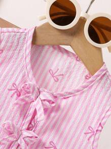 SHEIN 2pcs Baby Girls Toddler Newborn 0-3Y Summer Vacation Cute Bow Striped Vest Top + Pants Outfit Set Fall Winter - Pink - View 5