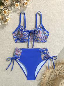Swim Lushoire Bộ đồ bơi 2 món có áo nâng ngực in họa tiết ngẫu nhiên, dây đeo vai có thể điều chỉnh, quần short cạp cao, phong cách Bohemian, dành cho kỳ nghỉ ở bãi biển - Màu xanh lam - Xem 5