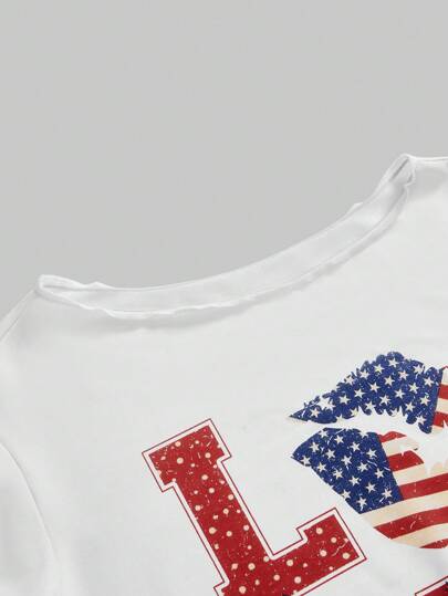 ROMWE Avant Sweat-shirt-shirt asymétrique à l'épaule pour femmes avec imprimé drapeau LOVE et lèvres, idéal pour la remise des diplômes, la rentrée scolaire, les enseignants