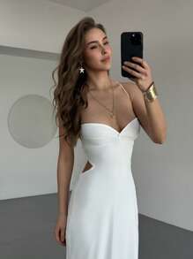 Aloruh Women's Solid Color Backless Halter Cutout Dress Vacation Dress, Going Out - White - View 4