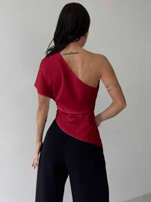 Firerie Women Modest Asymmetrical Neck Blouse, Casual Elegant Office And Wedding Guest, Spring/Summer, Asymmetric Ruched Hem Textured Fabric Red Top - Burgundy - View 2