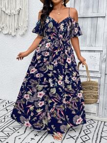SHEIN VCAY Plus Size Women's Tropical Plant Print Off-Shoulder Slit Hem Elegant Dress, Summer - Navy Blue - View 6