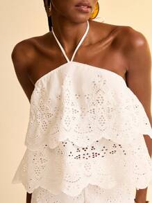 CAJUNI Camicetta estiva casual bianca da donna, a trama intrecciata ricamata, semi-trasparente, con collo alla halter e orlo a balze, adatta per spiaggia e resort