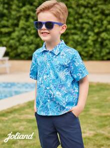 Joliand 1 pieza Camisa de manga corta con estampado de piña floral azul casual y elegante para vacaciones en la ciudad, adecuada para ocio, uso diario, viajes, hogar, playa, verano para niños pequeños