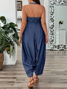 EMERY ROSE 大码女式哈伦阔腿宽松休闲挂脖牛仔连体裤 - 深色水洗藍 - 查看 2