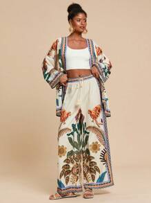 Travachic 2 件套女士套装，梭织印花长袖宽松衬衫和高腰宽松阔腿裤，女士夏季服装，沙滩装，春夏，复活节，节日服装，女士沙滩装，春假，女士度假服装，女士音乐会服装，波西米亚风，波西米亚风，音乐节，7 月 4 日服装，热带度假 - 杏色 - 查看 4