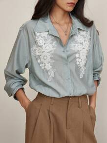 DAZY Women's Dusty Blue Elegant Sequin & Beaded Floral Embroidered Chiffon Blouse,Autumn Brunch Loose Office Commuter Long Sleeve Shirt Business Casual Top - Dusty Blue - View 1