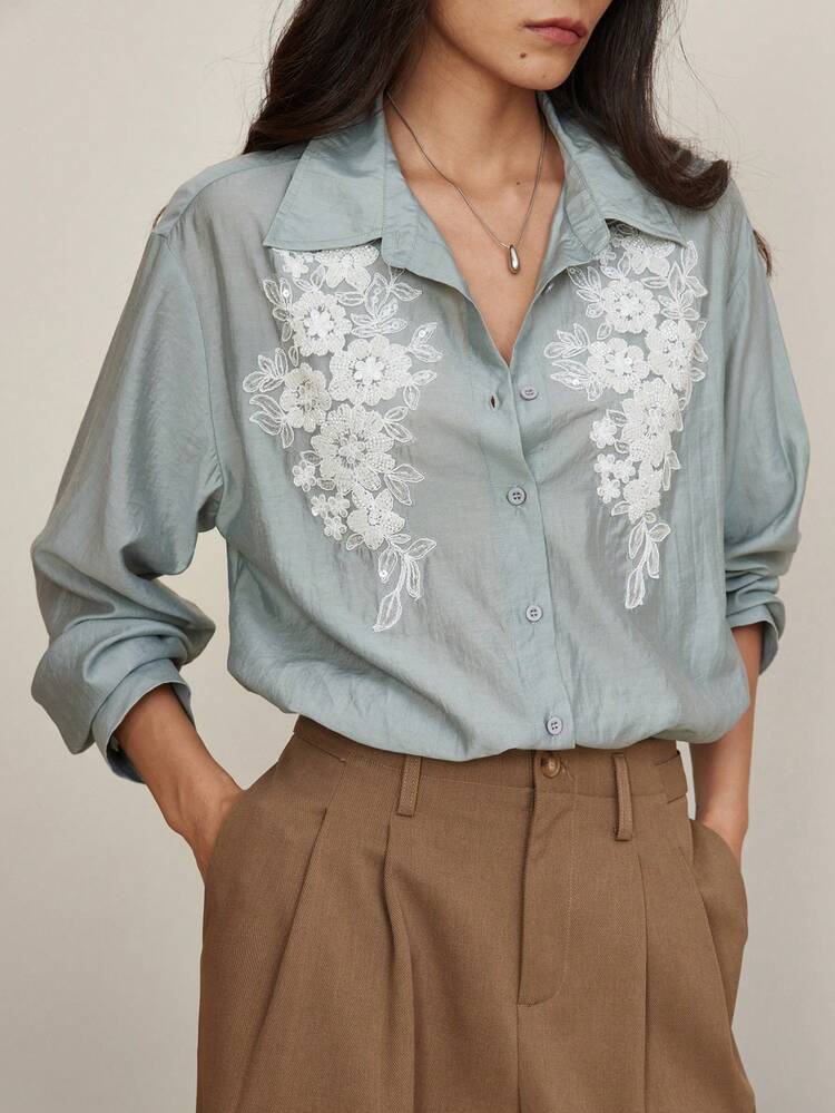 Loose Office Commuter Elegant Sequin & Beaded Floral Embroidered Chiffon Blouse Shirt, Suitable For Summer, Spring And Autumn,Fall Women Clothes Long Sleeve Top Business Casual Woman
