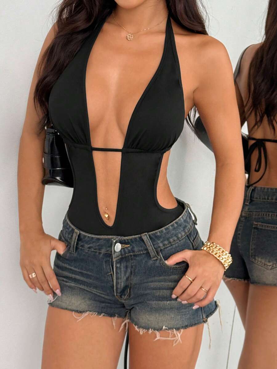 EgrlEra Body negru cu imprimeu în V adânc, fără spate, cu legături laterale, super elastic, moale și confortabil, sexy, casual, pentru casă, plajă, purtare zilnică, femei, vară - Negru - Vizualizare 1
