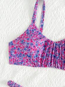 SHEIN Swim Mod 加大码 2 件植物印花褶皱前短款上衣和褶皱腰休闲宽松女式沙滩装套装 - 彩色 - 查看 4