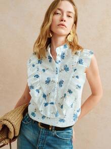 Écloséra French Retro Hollow Embroidery Print Ruffle Trim Cap Sleeve Blouse - White - View 1