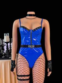 Fantasy Costume Bộ 5 món: Bộ đồ liền thân bằng da bóng quyến rũ có đinh tán trang trí kèm găng tay và quần tất - Màu xanh lam - Xem 7