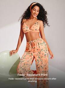 LUVLETTE 丝滑缎面蕾丝边橙色度假花卉图案性感吊带背心文胸上衣和裤子透气家居睡衣套装