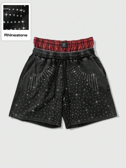 Street Life Short pour hommes de style de rue avec double ceinture taille, patchwork à carreaux avec ornements