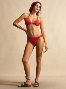VARSIVA 1 Set Women's Halter Solid Color Red Bikini Swimsuit With Triangular Swim Bottoms, Red Bikini Set - Red - View 3