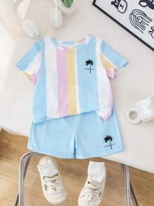 SHEIN Leap Crew 2pcs/Set Baby Boy/Girl Cute Summer Casual Vacation Knit Striped Short Sleeve Top And Elastic Waist Shorts Set - Multicolor - View 8
