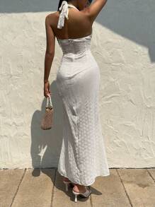 Lyxana Yellow Textured Fabric Halter Tie Sexy Backless High-End Sense V-Neck Slim Fit Dress, Spring/Summer - White - View 2