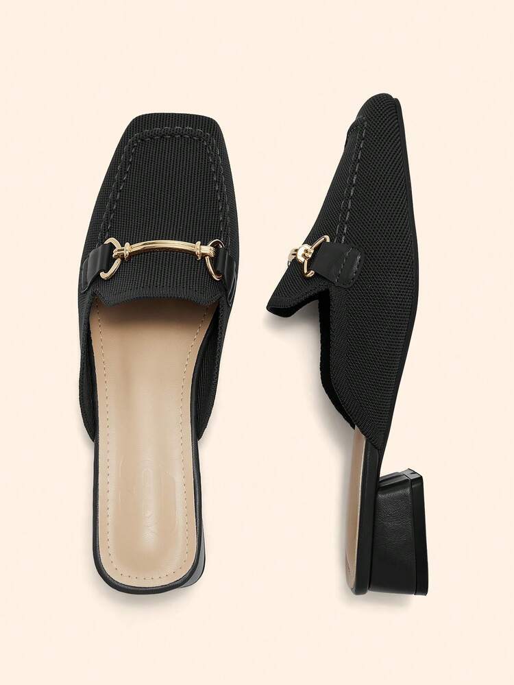 CUCCOO BASICS Women's Low Heel Square Toe Fashion Black Knit Metal Buckle Comfortable Slip-On Mules, Suitable For Daily, Commute, And Dates For Christmas