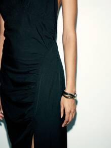 Lumivelle Women's Summer Plain Pleated Side Slit Hem Fashionable Halter Dress