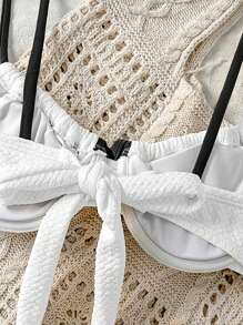 Sweetra Women's Contrast Color Bowknot Back Adjustable Spaghetti Strap Bikini Tops For Summer Beach Vacation - White - View 4