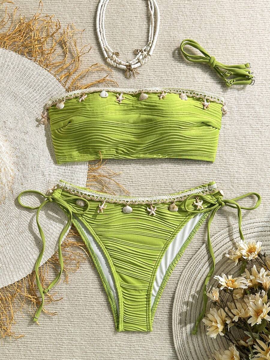 Swim Vcay 2 件套女士海滩夏季服装 - 纹理纯色贝壳肩带装饰抹胸系带比基尼套装 - 綠色 - 查看 1