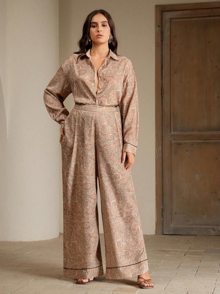 Neue Damen Lässig Kontrast Farbe Cashewnuss Blume Muster Bluse