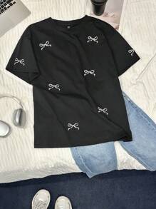 Comfortcana Plus Size Women Summer Bow Print Round Neck Short Sleeve Casual Oversized T-Shirt,Holiday Outfits,Graphic Tees,Cute,Vacation,European Summer,Country,Beach, Y2k Tops, Black Graphic Tee,2000s Style,School