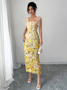 Elenzga Women's Elegant Mesh Flower Decor Strap Cinched Waist Sleeveless A-Line Long Dress, Suitable For Outing