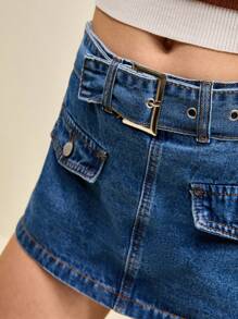 Muvela 女式蓝色牛仔短裙带口袋，低腰迷你裙裤配腰带，INS风，休闲学院风 - 中等水洗藍 - 查看 6