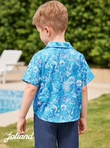 Joliand 1 pieza Camisa de manga corta con estampado de piña floral azul casual y elegante para vacaciones en la ciudad, adecuada para ocio, uso diario, viajes, hogar, playa, verano para niños pequeños