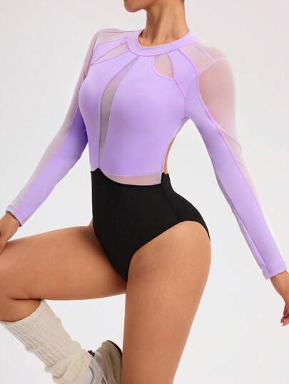 SHEIN Sports 女士拼接透视网眼后背镂空拼色连体裤