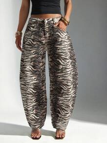 Denimoi 女式休闲做旧动物印花喇叭裤牛仔裤 - 卡其色 - 查看 2