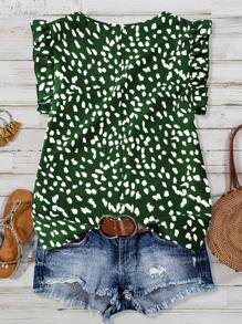 EMERY ROSE French Elegant Chiffon V-Neck Flared Cap Sleeve Regular Print Women's Blouse, Summer New Arrival - Green - View 2