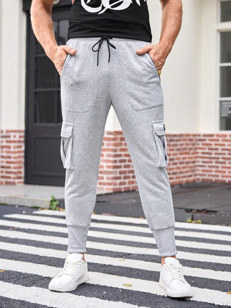 Manfinity VCAY Woven Men's Casual Daily Loose Elastic Waistband Straight Leg Pants, Young Style - Grey - View 1