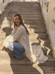 Aralina Winter Long Sleeved Ruffled Front Full Length Maxi Boho Cardigan Dress - White - View 4