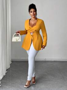 Maweii Plus Size Blazers, Solid Color With Button Detail And Side Split Design, Long Sleeve Graduation,Back To School,Teacher Outfits For Women