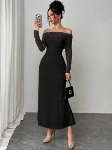 Firerie Damen Frühlings Elegant Romantisch Fashion Pendler Sexy Anmutiger Stil, geeignet für Party, Urlaub, romantisches Date und Geburtstags Hochzeitskleid Valentinstag, Netz Mesh Künstliche Perlen Dekor Off-Shoulder figurbetontes weißes Kleid