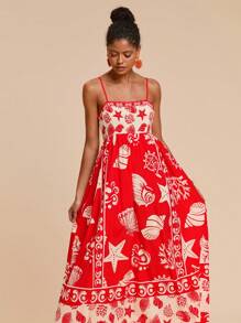 Travachic 度假休闲海洋生物印花高腰 A 字形吊带背心太阳裙