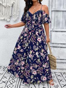 SHEIN VCAY Plus Size Women's Tropical Plant Print Off-Shoulder Slit Hem Elegant Dress, Summer - Navy Blue - View 5