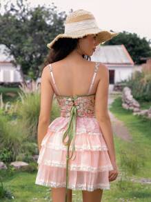 SHEIN 1pc Women Lace Patchwork Graphic Print Body Shaper Top - Multicolor - View 2