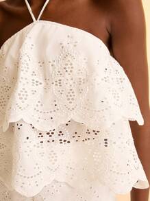 CAJUNI Camicetta estiva casual bianca da donna, a trama intrecciata ricamata, semi-trasparente, con collo alla halter e orlo a balze, adatta per spiaggia e resort