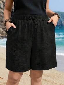 EMERY ROSE Plus Size Tie Front Pockets Plain Loose Shorts, Casual Everyday Wear,Vacation,Boho,Gifts For Mother,Bohemian,Springbreak,Rave,Country - Black - View 5