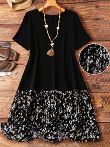 EMERY ROSE Plus Size Ditsy Floral Round Neck Casual Short Sleeve Dress, Summer - Multicolor - View 1