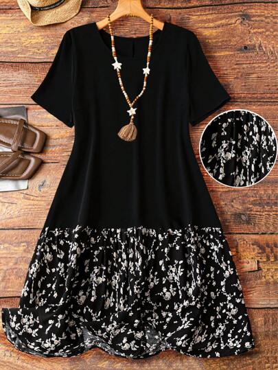 EMERY ROSE 大码碎花圆领休闲短袖连衣裙，夏季